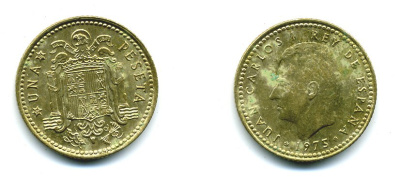 Испания 1 песета 1975 (78) Хуан Карлос I (1975-2014) KM 806 алюминиевая бронза 54-544