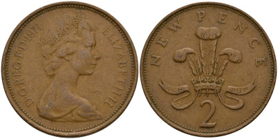 Великобритания 2 пенса 1971 Елизавета II (1952-2022) KM 916, Spink 4235 (C1) бронза 4156-516
