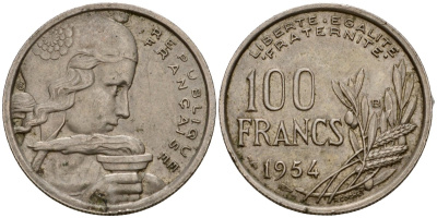 Франция 100 франков 1954 KM 919.1, Le Franc 450.2 медно-никель 4601-737
