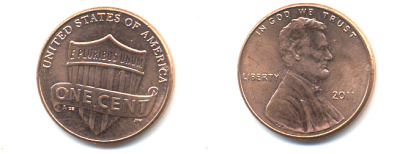 США 1 ЦЕНТ 2011 ЛИНКОЛЬН, ЩИТ KM 469 цинк плакированный медью 86-359
