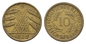 Германия 10 рейхспфеннигов 1935 D KM 40, J. 317 алюминиевая бронза 4651-766