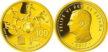 Испания 100 евро 2017 чемпионат мира по футболу в России KM NEW золото PROOF 10-014-13
