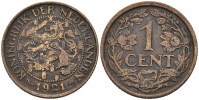 Нидерланды 1 цент 1921 Вильгельмина (1890-1948) KM 152 бронза 4576-731