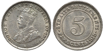 Стрейтс-Сетлментс 5 центов 1919 Георг V (1910-1936) KM 31 серебро 54-414