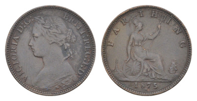 Великобритания 1 фартинг 1875 H, Виктория (1837-1901) KM 753, Spink 3959 бронза 4630-152