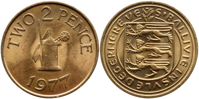 Гернси 2 пенса 1977 ветряная мельница KM 28 бронза UNC 53-922