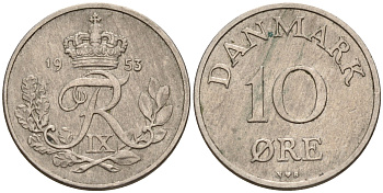 Дания 10 эре 1953 N,S, Фредерик IX (1947-1972) KM 841.1 медно-никель    4596-321