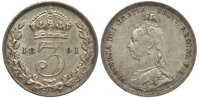 Великобритания 3 пенса 1891 Виктория (1837-1901) KM 758, Spink 3931 серебро 4528-366