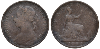 Великобритания 1 фартинг 1893 Виктория (1837-1901) KM 753, Spink 3958 бронза 4609-1036