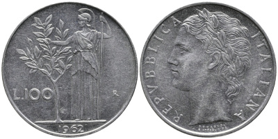 Италия 100 лир 1962 R, Афина у оливкового дерева KM 96.1 нержавеющая сталь 32-946