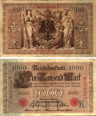 ГЕРМАНИЯ 1000 МАРОК 1910 21 АПРЕЛЯ 1910, СЕМИЗНАЧНЫЙ НОМЕР, СЕРИЯ А Pick 44b бумага 8610-3-1