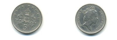 Великобритания 5 пенсов 1991 Елизавета II (1952-2022) KM 937b, Spink 4372 (D4) медно-никель 59-643