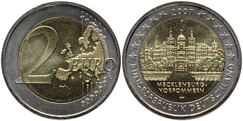 ФРГ 2 евро 2007 А, серия федеральные земли, Мекленбург-Передняя Померания, Шверинский замок KM 260 биметалл UNC 4112-316