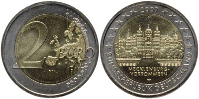 ФРГ 2 евро 2007 А, серия федеральные земли, Мекленбург-Передняя Померания, Шверинский замок KM 260 биметалл UNC 4112-316