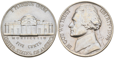 США 5 ЦЕНТОВ 1974 ДЖЕФФЕРСОН KM A192 медно-никель 190-121