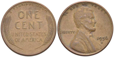 США 1 ЦЕНТ 1956 D, ЛИНКОЛЬН KM А132 медь цинк 218-311