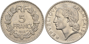 Франция 5 франков 1933 KM 888, Le Franc 336 никель 4144-344