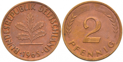 ФРГ 2 ПФЕННИГА 1965 J KM 106, J.381 бронза 3718-364
