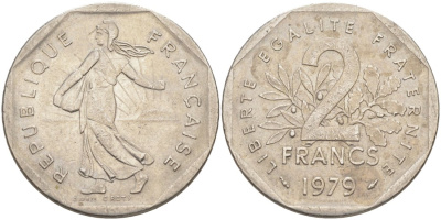 Франция 2 франка 1979 сеятель KM 942.1, Le Franc 272.3 никель 63-254