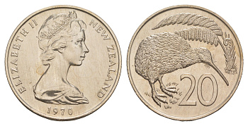 Новая Зеландия 20 центов 1970 Елизавета II (1952-2022), птичка киви, тираж 30.000 экземпляров KM 36 медно-никель UNC 00-00