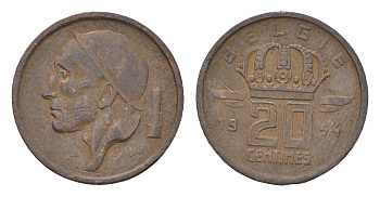 Бельгия 20 сантимов 1954 Belgie, Бодуэн I (1951-1993) KM 147.1 бронза 4674-416