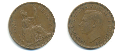 Великобритания 1 пенни 1947 Георг VI (1936-1952) KM 845, Spink 4114 бронза89-233