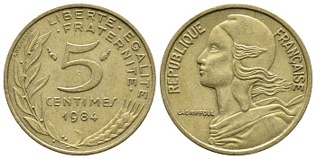 Франция 5 сантимов 1984 тип Марианна KM 933 медь алюминий никель 4679-964
