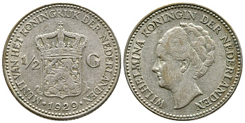 Нидерланды 1/2 гульдена 1929 Вильгельмина I (1890-1948) KM 160 серебро 3461-146