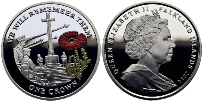 Фолклендские острова 1 крона 2014 в память героев первой мировой войны, военный мемориал Содружества, красный мак KM 176a.1 серебро, эмаль  PROOF 1071-2-44