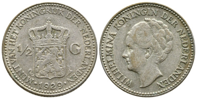 Нидерланды 1/2 гульдена 1929 Вильгельмина I (1890-1948) KM 160 серебро 3461-146