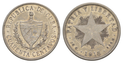 Куба 40 сентаво 1916 редкий год KM 14 серебро 00-822-53