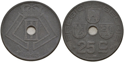 Бельгия 25 сантимов 1943 Belgique - Belgie, Леопольд III (1934-1947), германская оккупация, Вторая мировая война KM 131 цинк 4157-445