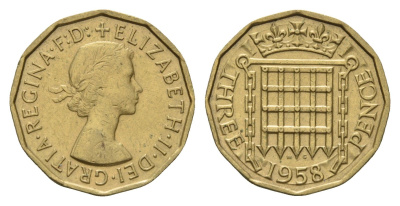Великобритания 3 пенса 1958 Елизавета II (1952-2022) KM 900, Spink 4153 никель латунь 4121-536
