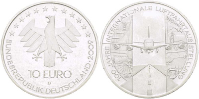 ФРГ 10 евро 2009 D, 100 лет международной выставки воздухоплавания KM 281, DE.S. 10.41 серебро UNC 413-731