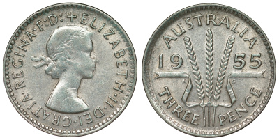Австралия 3 пенса 1955 m, Елизавета II (1952-2022) KM 57 серебро 71-425