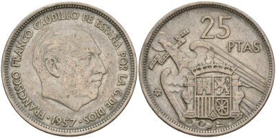 Испания 25 песет 1957 (58) Франсиско Франко (1939 - 1975) KM 787 медно-никель 4149-1022