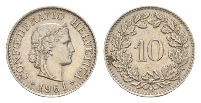 Швейцария 10 раппенов 1961 B KM 27 медно-никель 4647-1151
