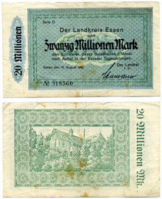 ЭССЕН 20000000 МАРОК (20 МИЛЛИОНОВ) 1923 15 АВГУСТА 1923, LINDKREIS, СЕРИЯ D, НОТГЕЛЬД, ЗЕМЛЯ СЕВЕРНЫЙ РЕЙН-ВЕСТФАЛИЯ Arnold Keller 1440d бумага 2193-17-1-1