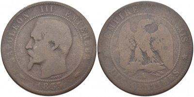 Франция 10 сантимов 1855 A, Наполеон III (1852-1870) KM 771.1, Le Franc 133,19 бронза 3460-945