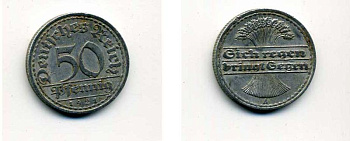 ГЕРМАНИЯ 50 ПФЕННИГОВ 1921 A KM 27, J. 301 алюминий 35-1234