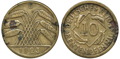 ГЕРМАНИЯ 10 РЕНТЕНПФЕННИГОВ 1923 G, KM 33, J. 309 алюминиевая бронза 72-1525