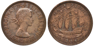 Великобритания 1/2 пенни 1954 Елизавета II (1952-2022) KM 896, Spink 4158 бронза 4122-822