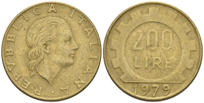 Италия 200 лир 1979 R, шестерня KM 105 алюминиевая бронза 85-616