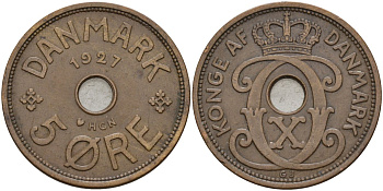 Дания 5 эре 1927 HCN, Кристиан X (1912-1947) KM 828 бронза 4565-222