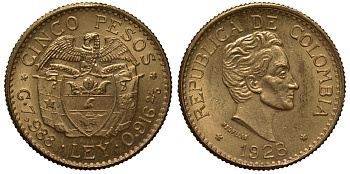 Колумбия 5 песо 1928 KM 204 золото UNC 00-809-62