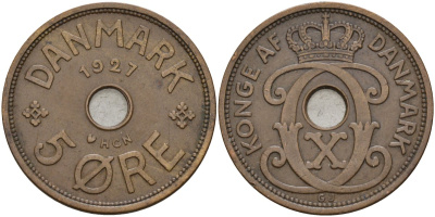 Дания 5 эре 1927 HCN, Кристиан X (1912-1947) KM 828 бронза 4565-222