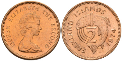 Фолклендские острова 1/2 пенни 1974 Елизавета II (1952-2022), лосось KM 1 бронза 4154-125