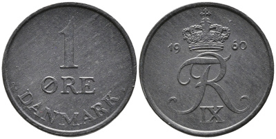Дания 1 эре 1960 С; S, Фредерик IX (1947-1972) KM 839.2 цинк UNC 100-648