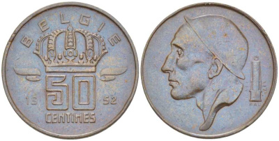 БЕЛЬГИЯ 50 САНТИМОВ 1952 BELGIE, БОДУЭН I (1951-1993) KM 145 бронза 214-158
