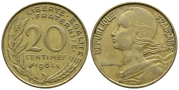 Франция 20 сантимов 1964 тип Марианна KM 930, LE FRANC 156.4 медь алюминий никель 3461-247